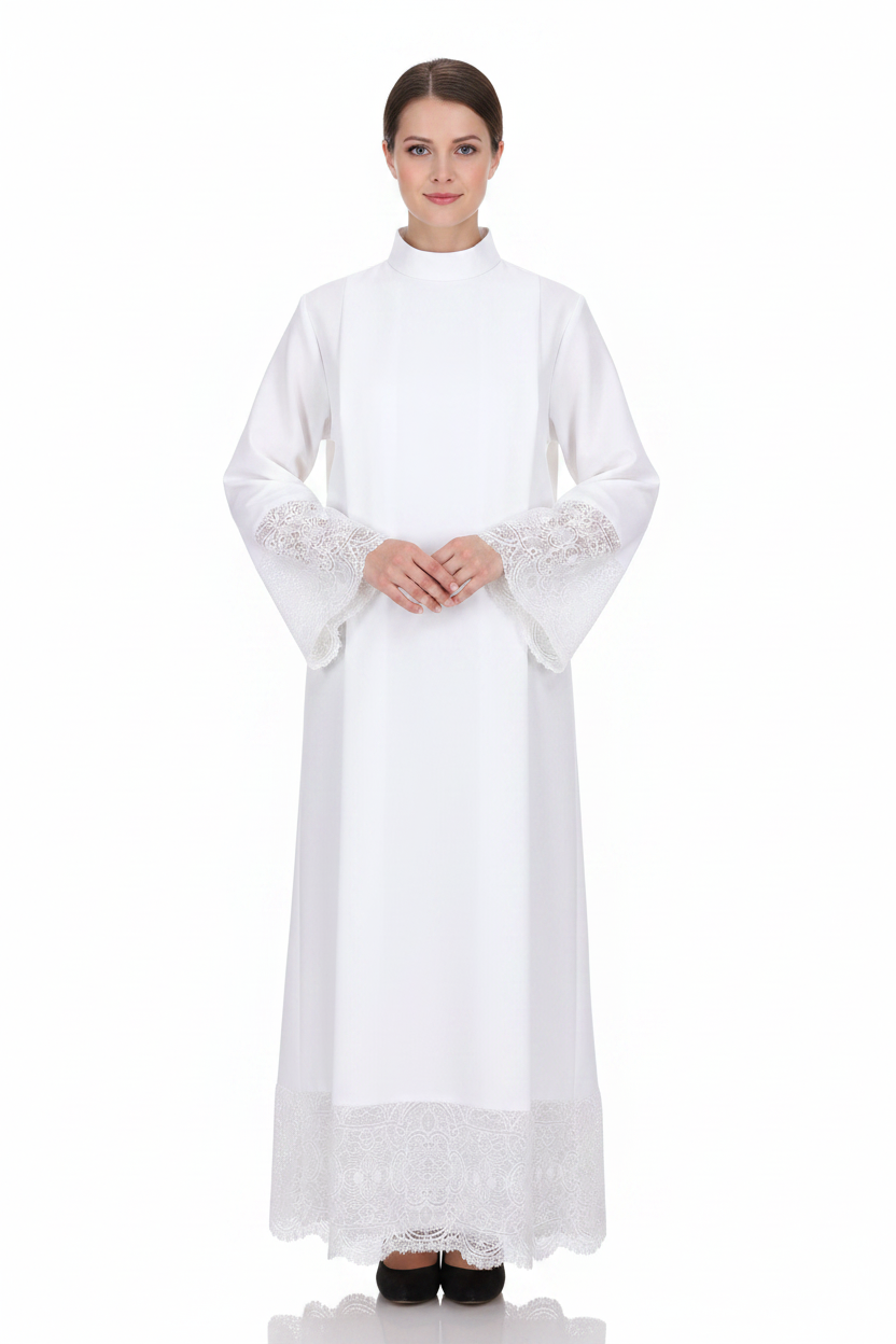 Female model wearing white liturgical alb robe Style D with delicate lace trim and hem border, full body front view, white background