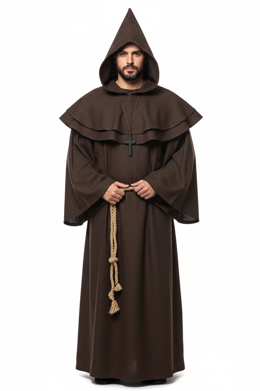 Male model wearing dark brown medieval monk hooded robe full body front view, white background