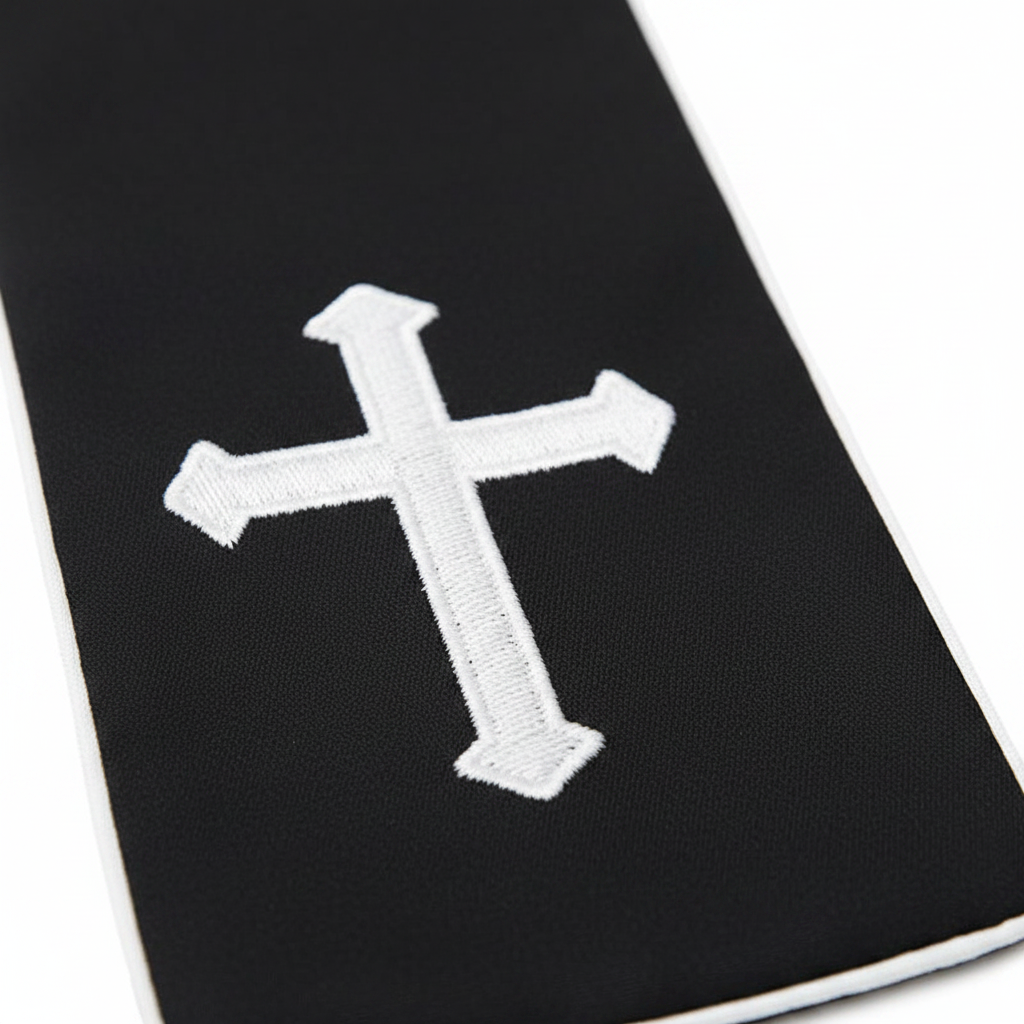 Close-up detail of black clergy stole end panel showing white embroidered Latin cross and white piping border, white background