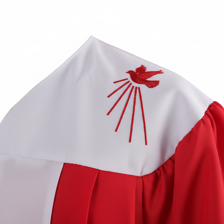 Close-up detail of red choir robe showing dove with radiating light rays embroidery on white shoulder panel and V-neckline, white background