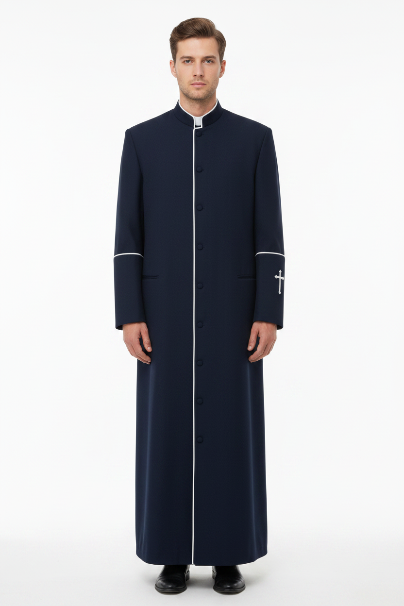 Male model wearing dark navy clergy cassock with white trim and cross embroidery, full body front view, white background
