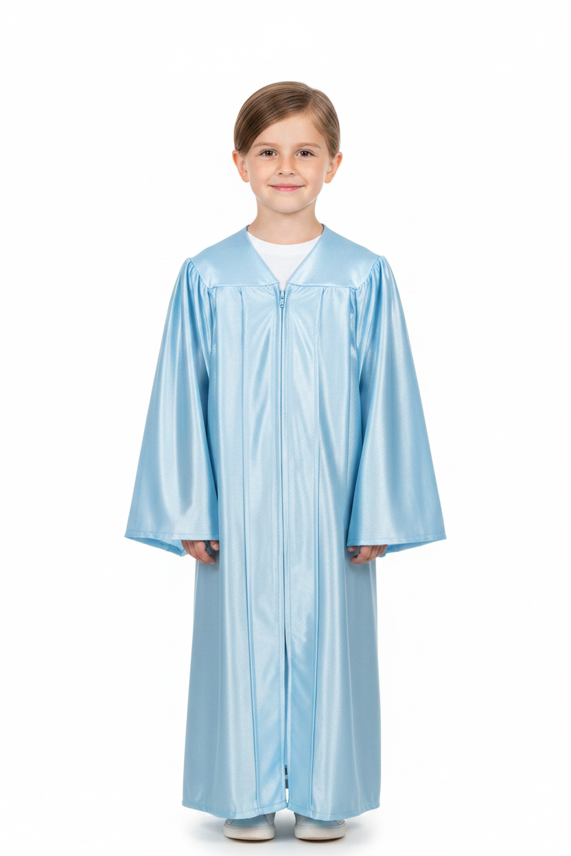 Shiny Light Blue Elementary Gown - Model Shot