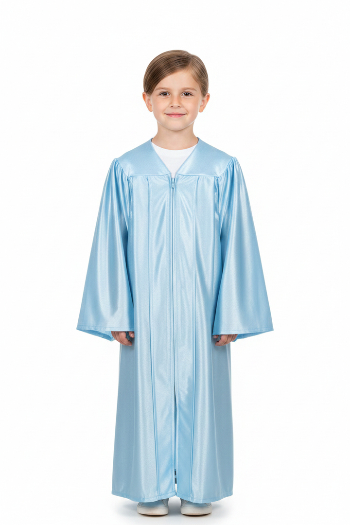 Shiny Light Blue Elementary Gown - Model Shot