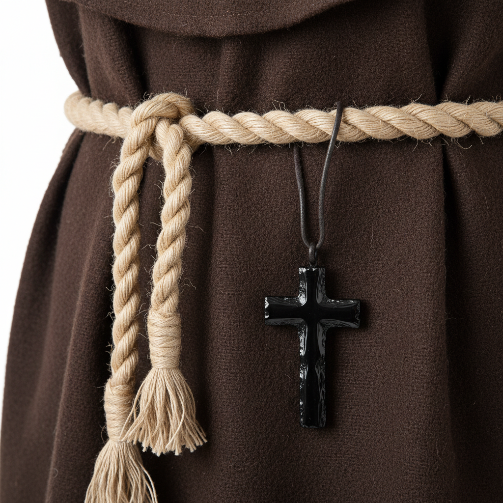 Close-up detail of medieval monk robe showing twisted rope waist belt with tassels and black cross pendant necklace, white background