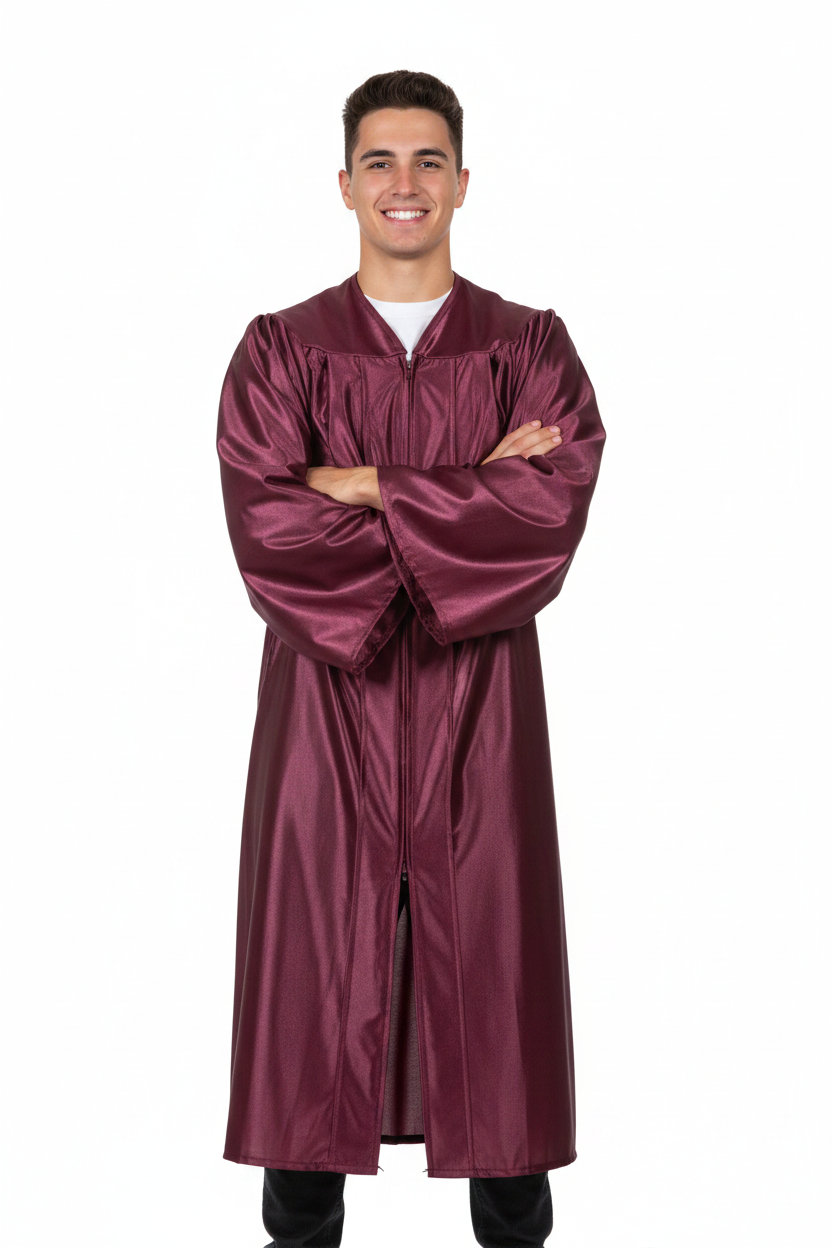 Shiny Maroon High School Gown - Model Display