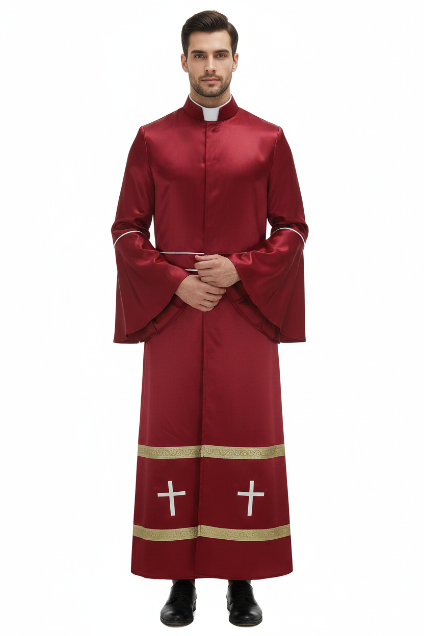 Male model wearing wine red clergy mission robe with bell sleeves full body front view, white background