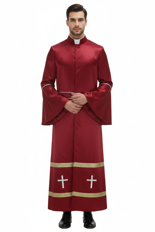 Male model wearing wine red clergy mission robe with bell sleeves full body front view, white background