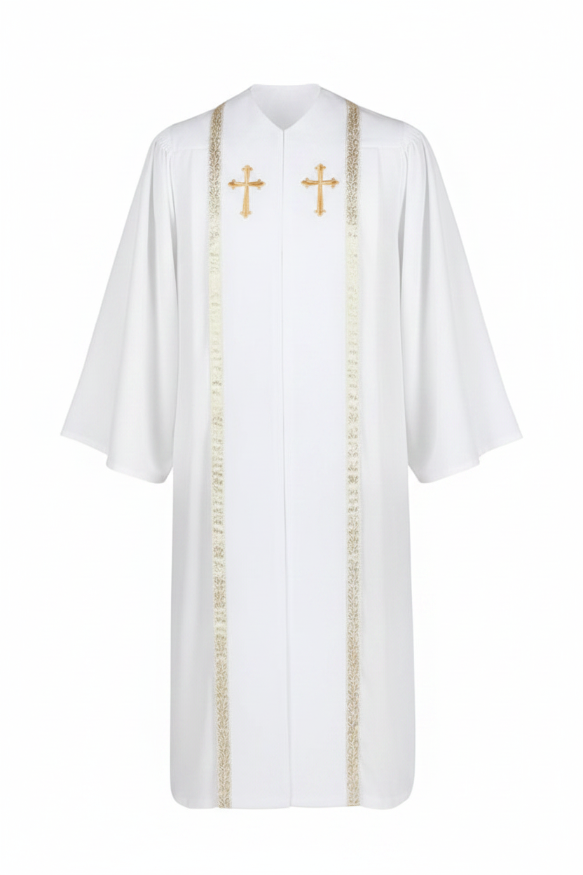 White clergy choir robe on invisible mannequin, center front stole with gold cross badges and brocade trim, pure white background