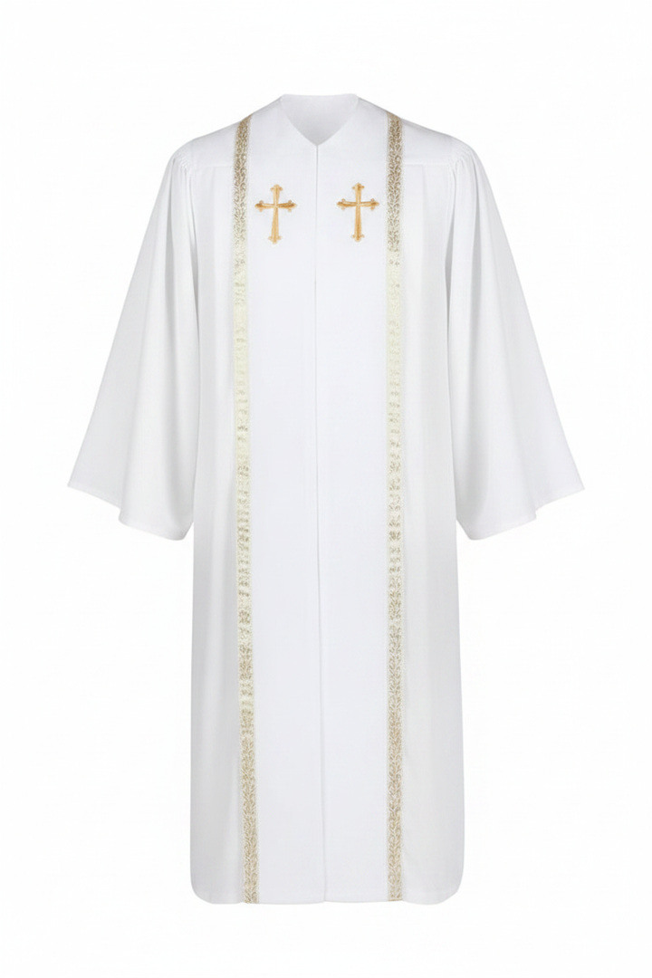 White clergy choir robe on invisible mannequin, center front stole with gold cross badges and brocade trim, pure white background