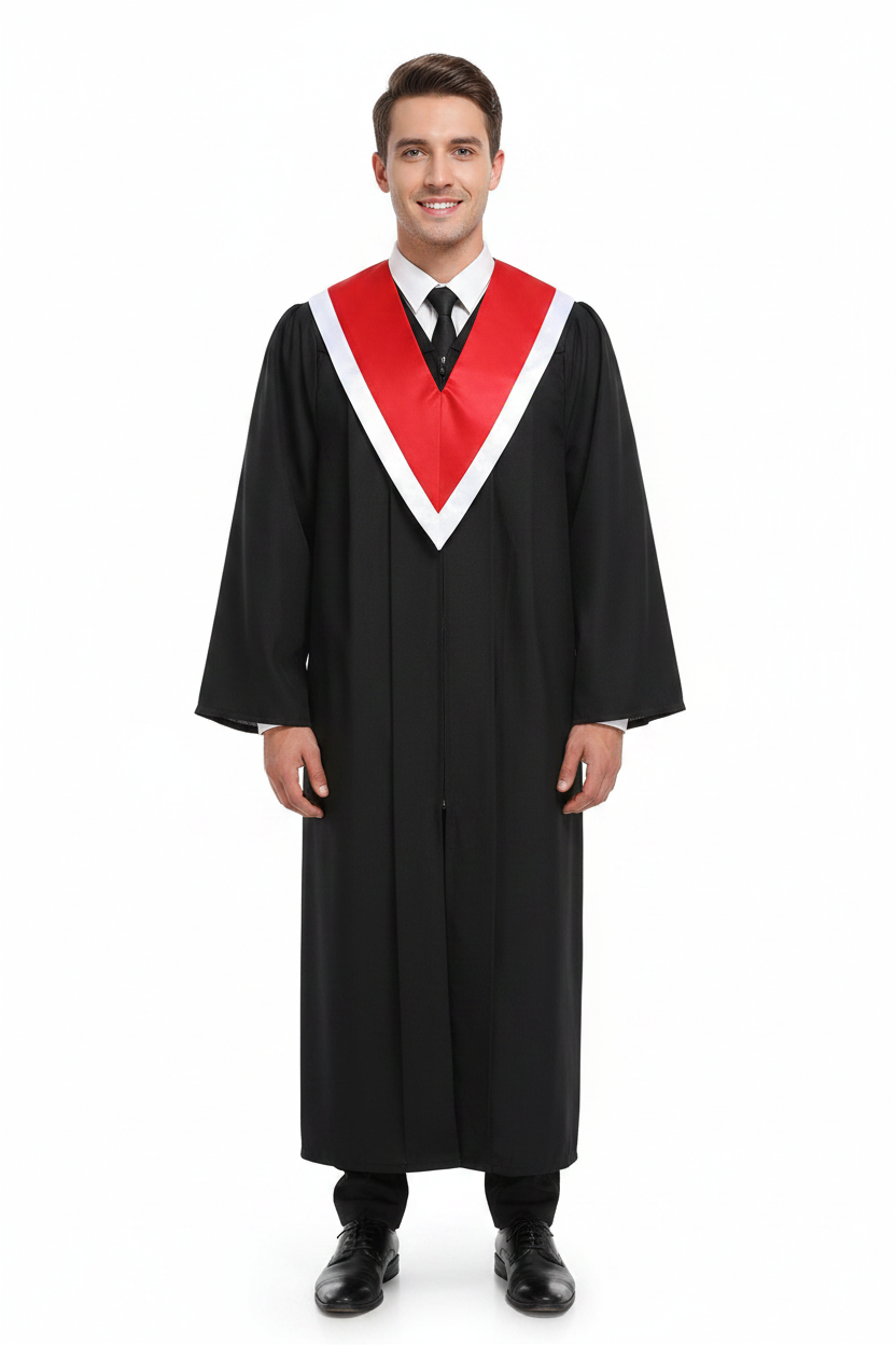 Male model wearing red and white two-tone graduation V-stole over black gown, full body front view, white background