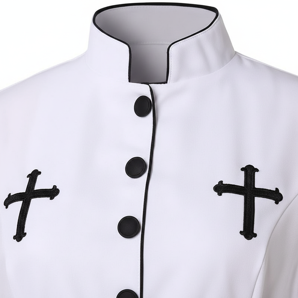 Close-up detail of white clergy cassock robe showing stand collar, black round buttons, black piping trim and two black cross embroidery badges on chest, white background