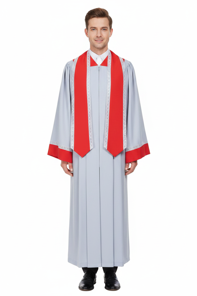 Premium Two-Tone Choir & Clergy Robe - Light Grey & Red
