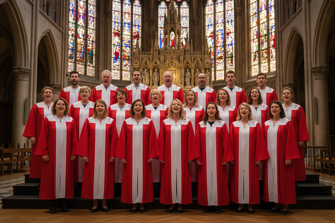 Church choir group wearing matching red and white choir robes with dove embroidery singing in cathedral, cinematic atmosphere