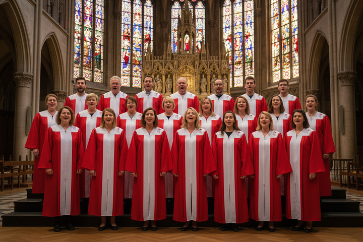 Church choir group wearing matching red and white choir robes with dove embroidery singing in cathedral, cinematic atmosphere