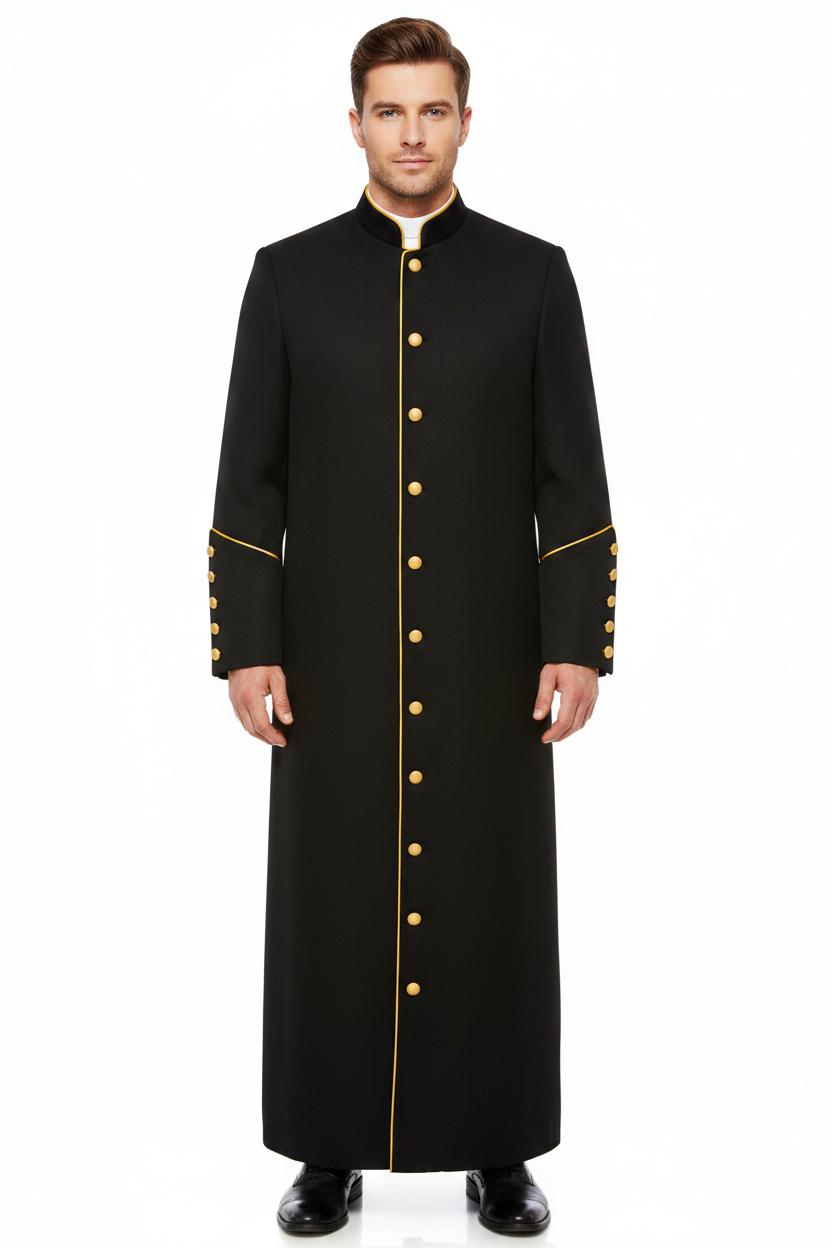 Male model wearing black clergy cassock robe with gold trim and cuff buttons, full body front view, full face visible, white background