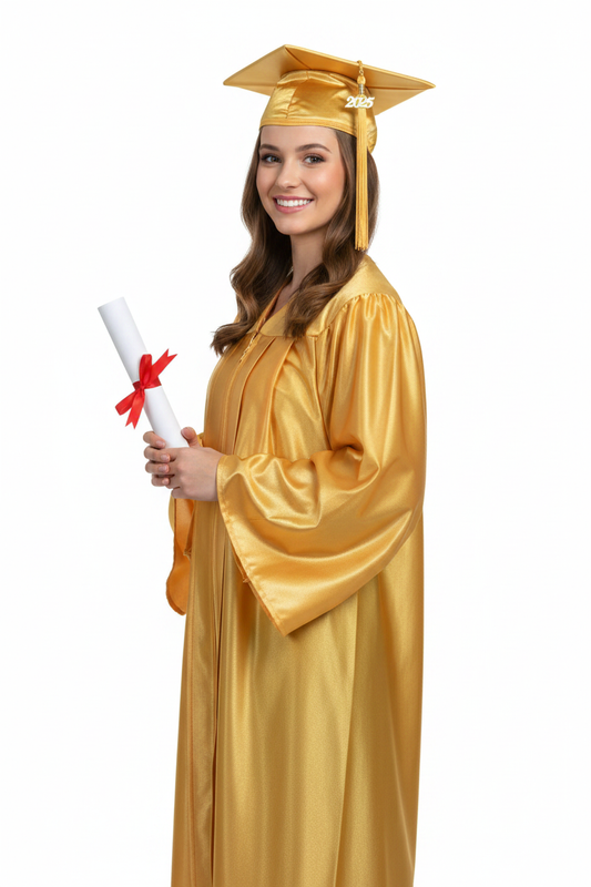 Shiny Antique Gold High School Cap and Gown - Model Display