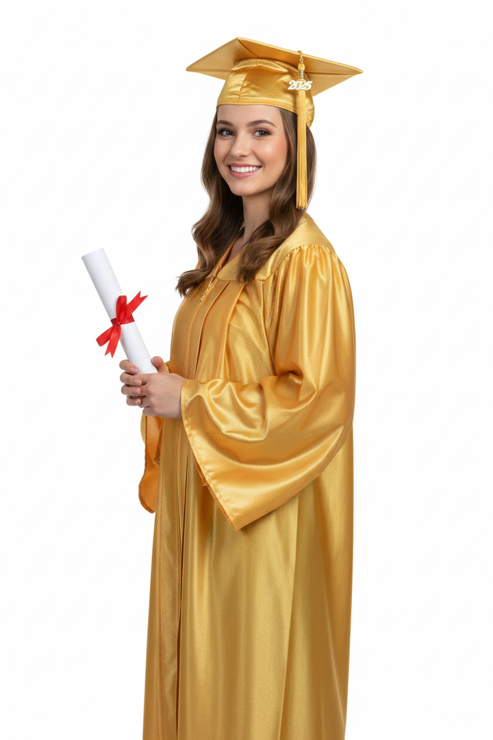 Shiny Antique Gold High School Cap and Gown - Model Display