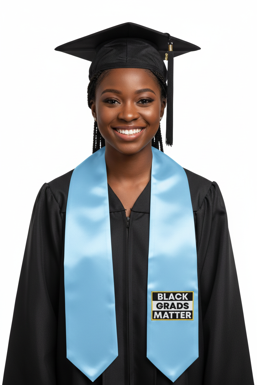 Light Blue BLACK GRADS MATTER Graduation Stole model display
