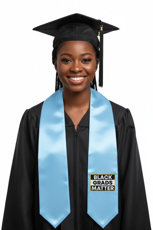 Light Blue BLACK GRADS MATTER Graduation Stole model display