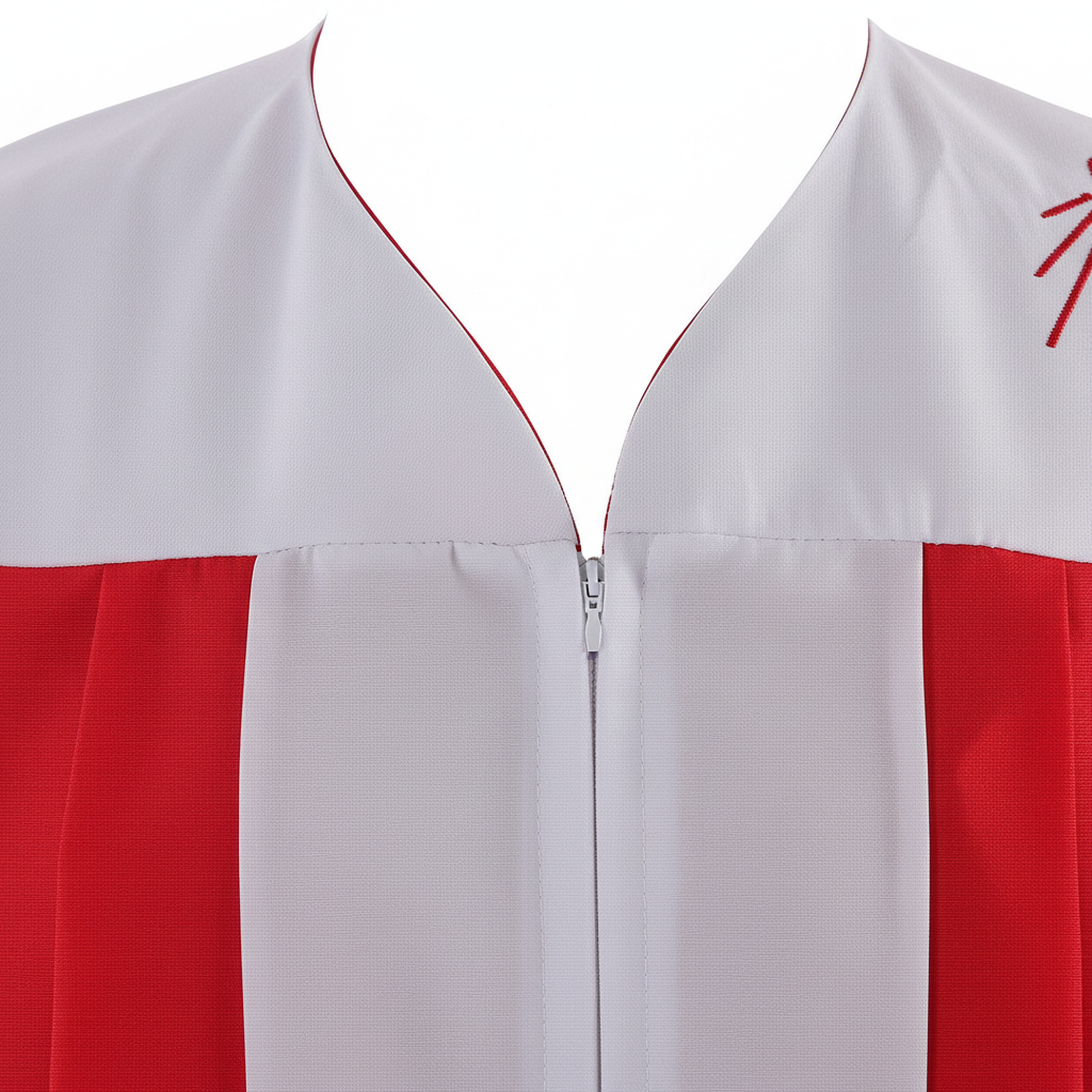 Close-up detail of red and white choir robe showing V-neckline open front and seam where red meets white panel, white background
