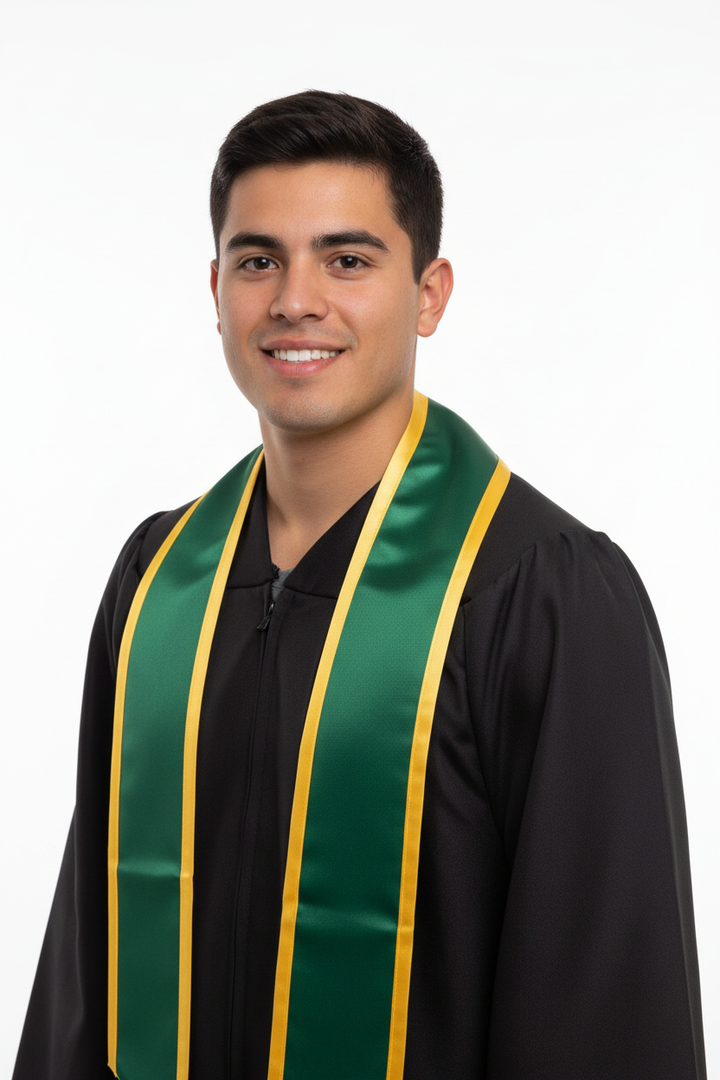 Hunter Green Slanted Graduation Stole with Gold Trim model display