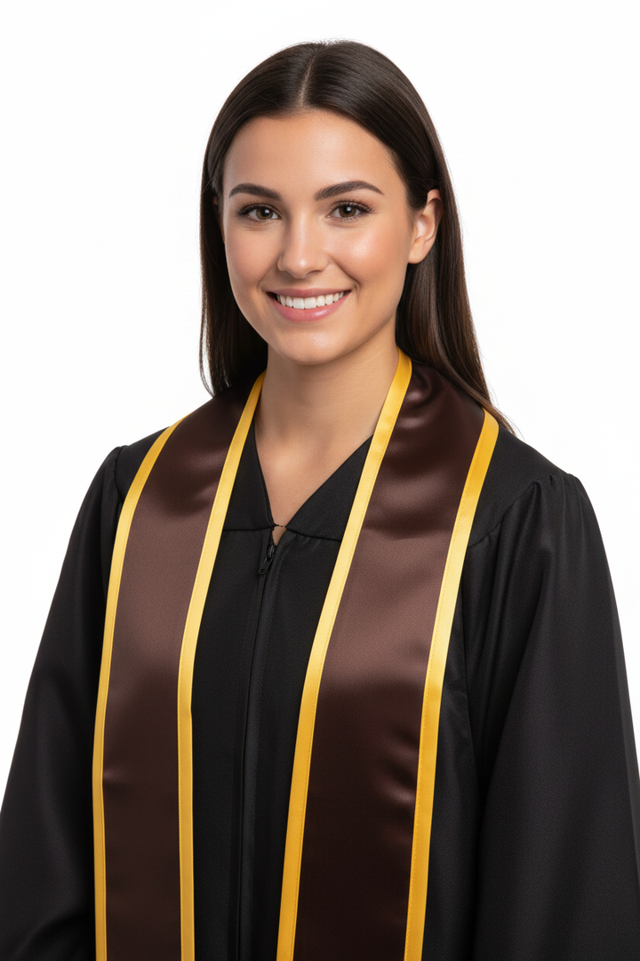 Brown Pointed Graduation Stole with Gold Trim model display