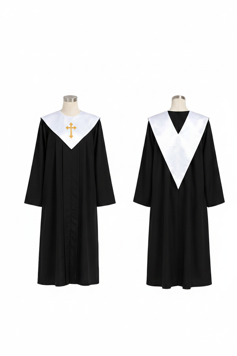 Black choir robe with white V-yoke collar on invisible mannequin, pure white background