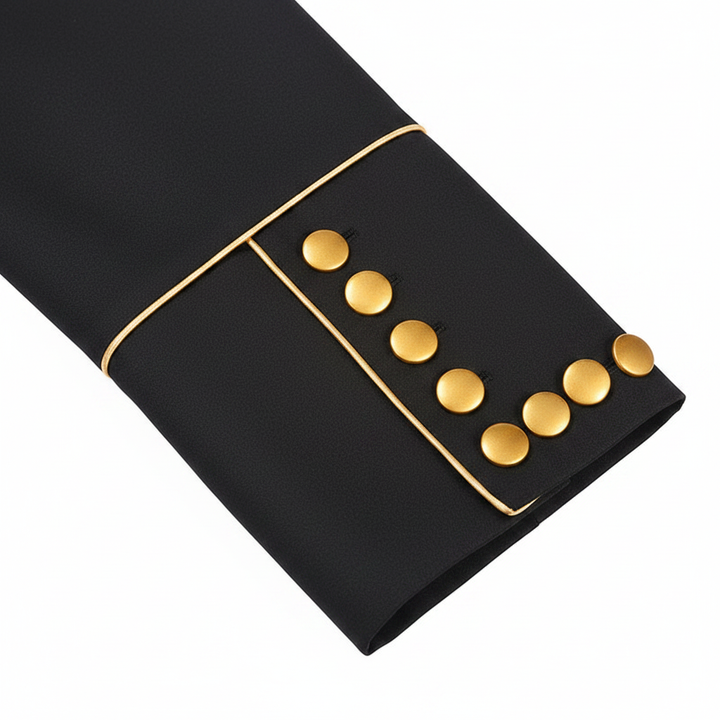 Close-up detail of black clergy frock coat sleeve cuff with gold piping trim and row of small gold buttons, white background