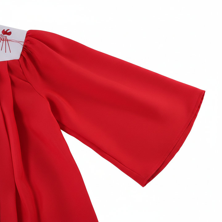 Close-up detail of red choir robe showing wide sleeve fabric texture and red-white contrast edge, white background