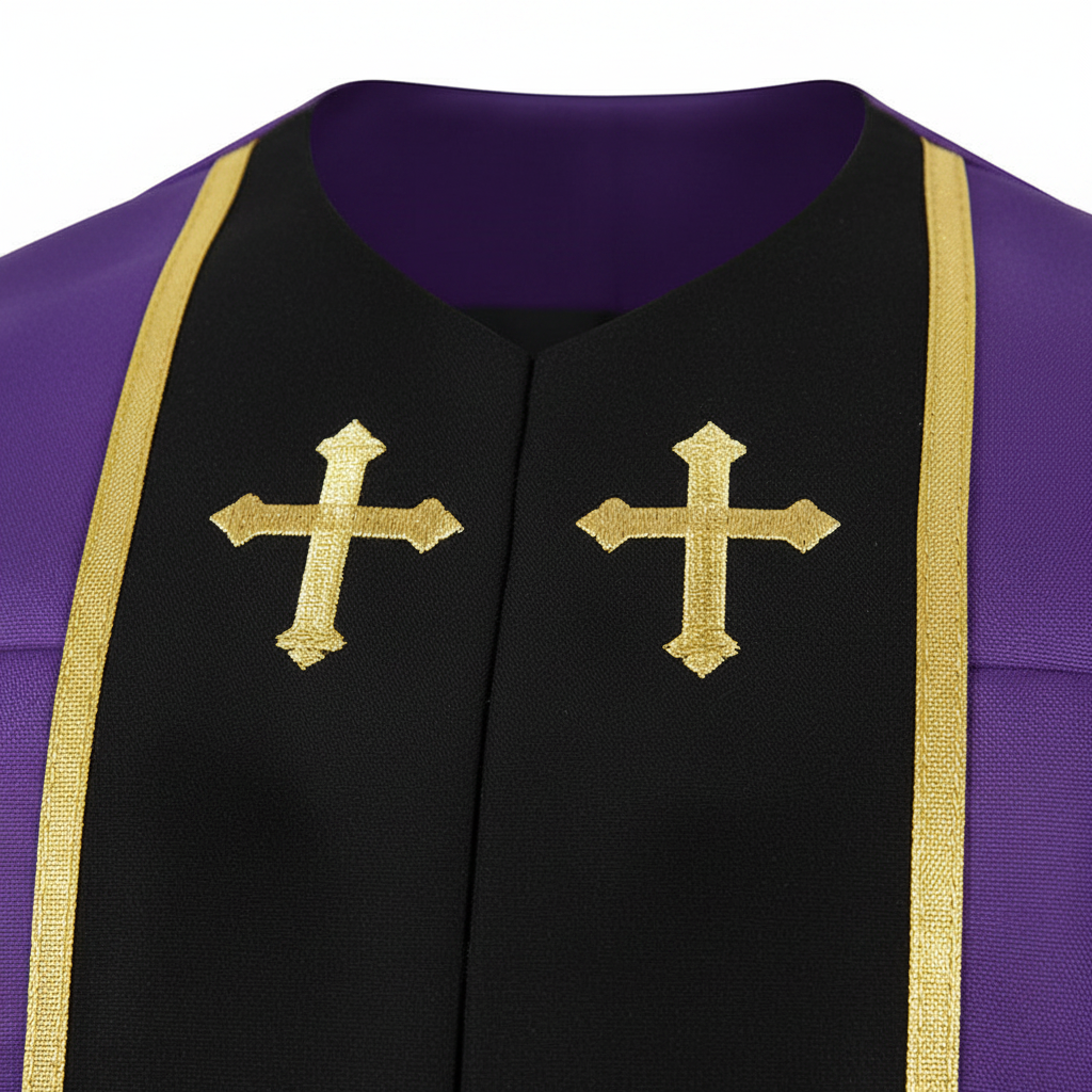 Close-up detail of purple clergy robe showing gold cross embroidery on black center panel, white background