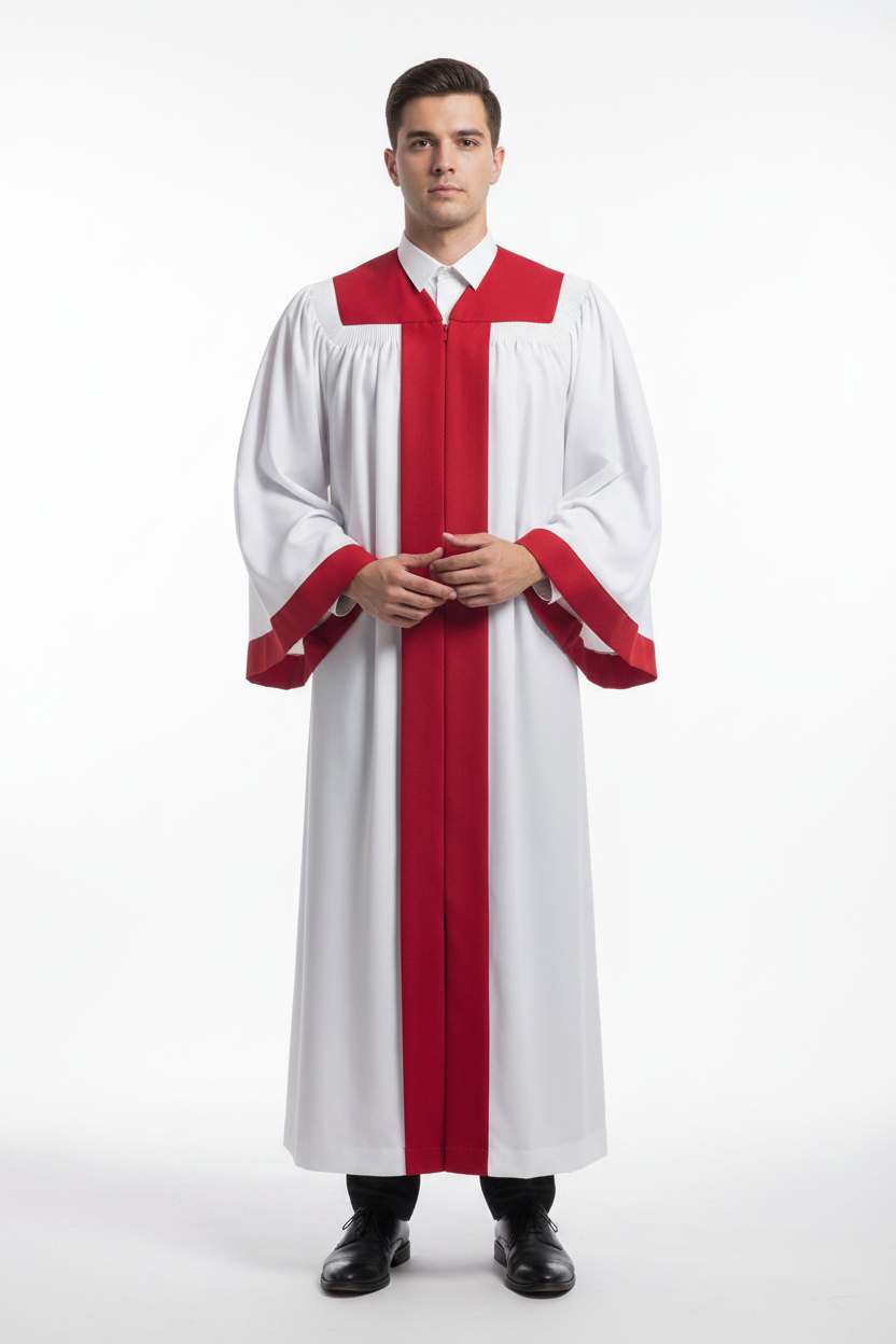 Model wearing white two-tone choir robe with red contrast yoke and cuff trim, white background