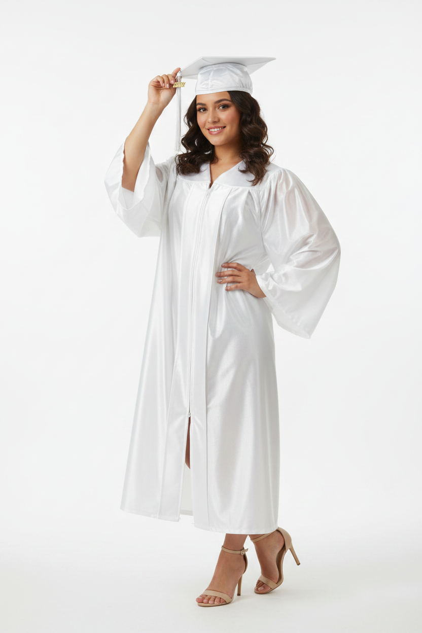 Shiny White High School Cap & Gown - Model Shot
