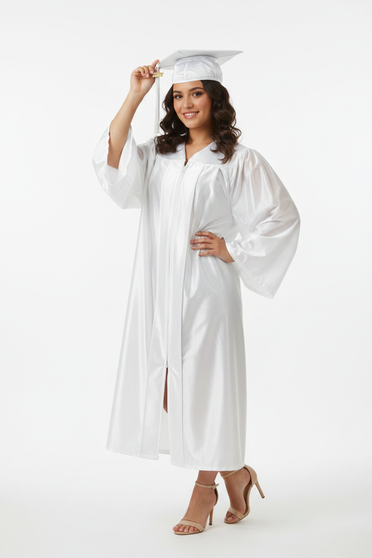 Shiny White High School Cap & Gown - Model Shot