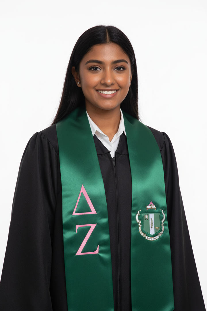 Delta Zeta Greek Lettered Graduation Stole w/ Crest model display