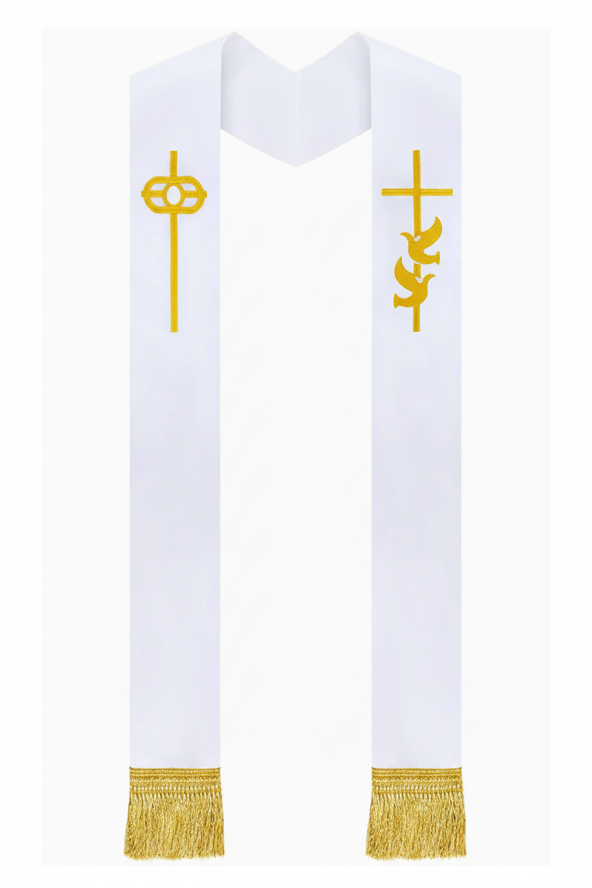White Clergy Stole with Gold Cross and Dove Embroidery - Full Length Product Shot