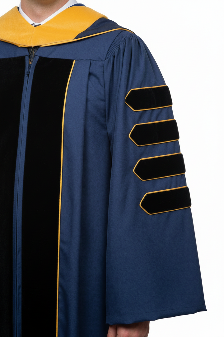 Close-up detail of UCLA doctoral regalia showing navy fabric, black velvet panels and gold piping