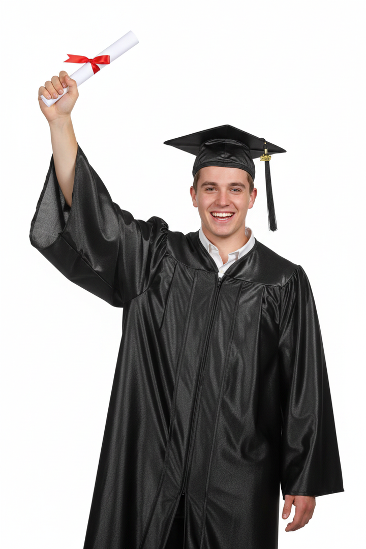 Shiny Black High School Cap and Gown - Model Display