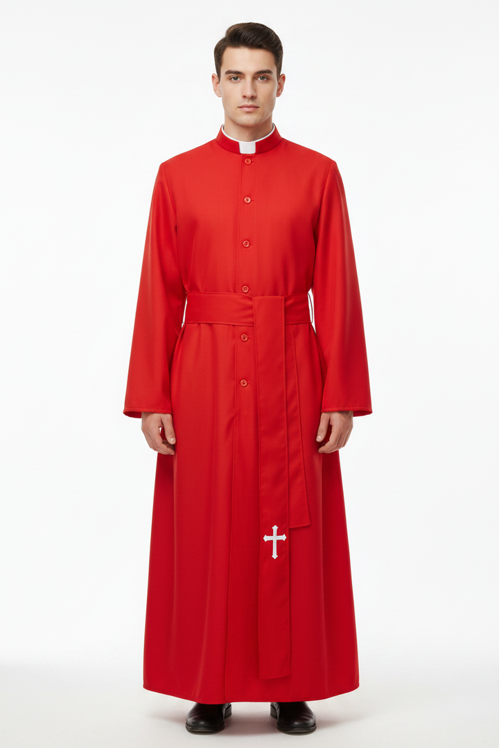 Male model wearing red Catholic cassock robe with white clerical collar and white cross embroidery at hem, full body front view, white background