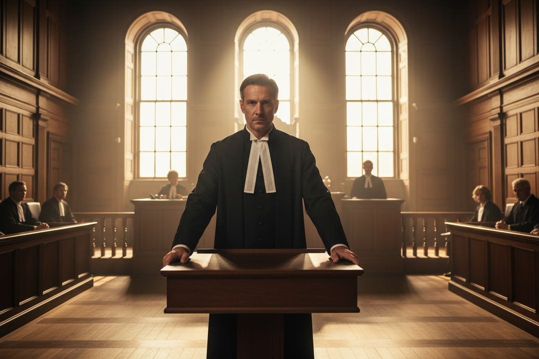 Barrister wearing black medieval robe with white jabot in grand historic courtroom, cinematic atmospheric photography