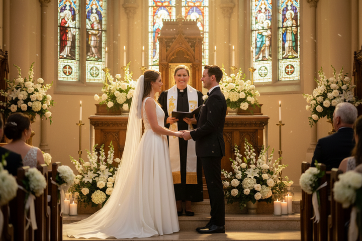 Pastor wearing white satin clergy stole with gold flame embroidery officiating wedding ceremony at church altar, cinematic atmosphere