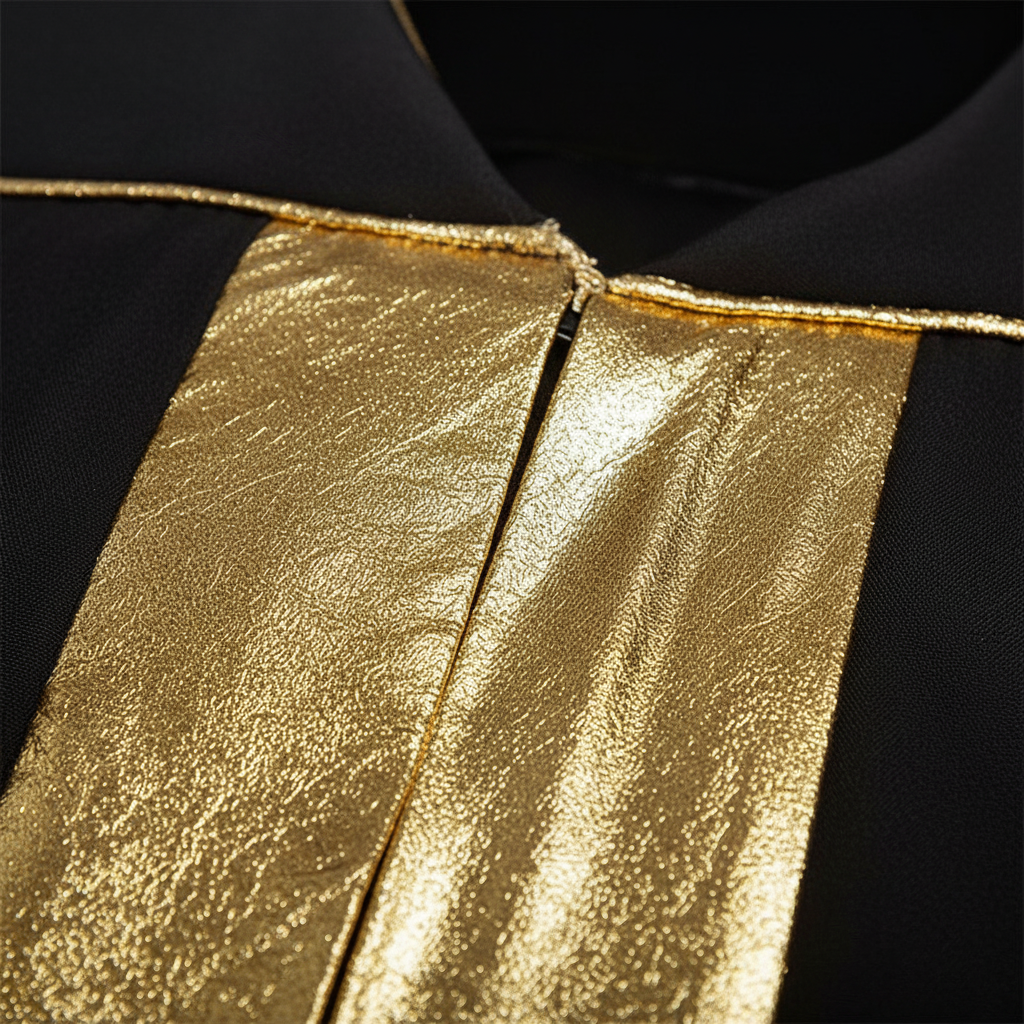 Close-up detail of black choir robe metallic gold center front stripe panel, macro shot, white background