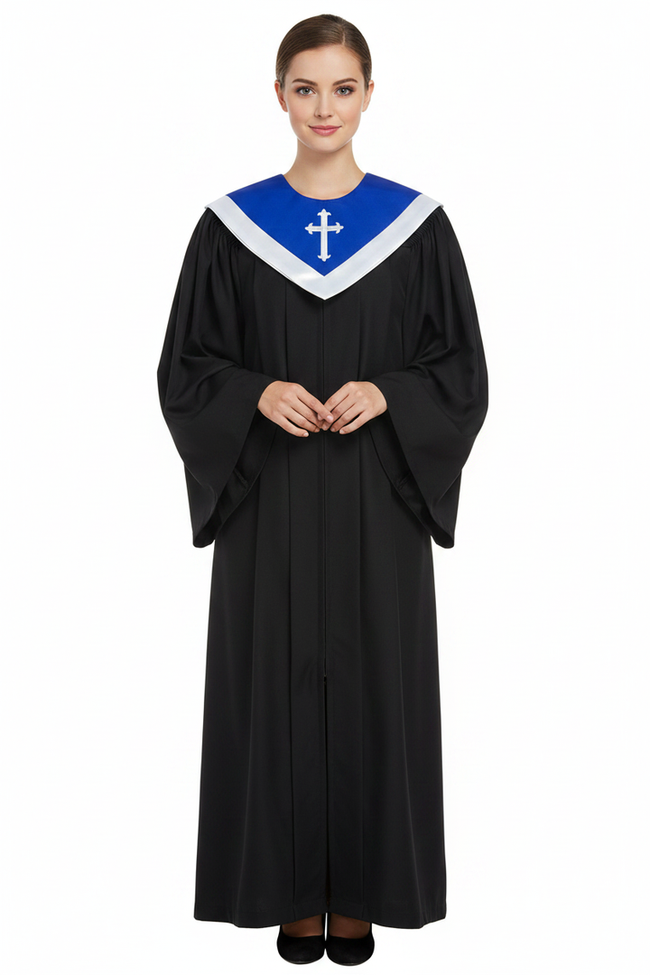 Female model wearing white and royal blue choir V-stole with cross embroidery over black robe, full body front view, white background