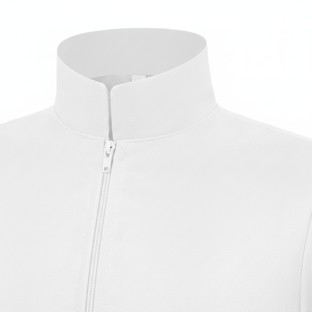 Close-up detail of white choir robe showing stand collar zipper and double gold braid trim on sleeve cuff, white background