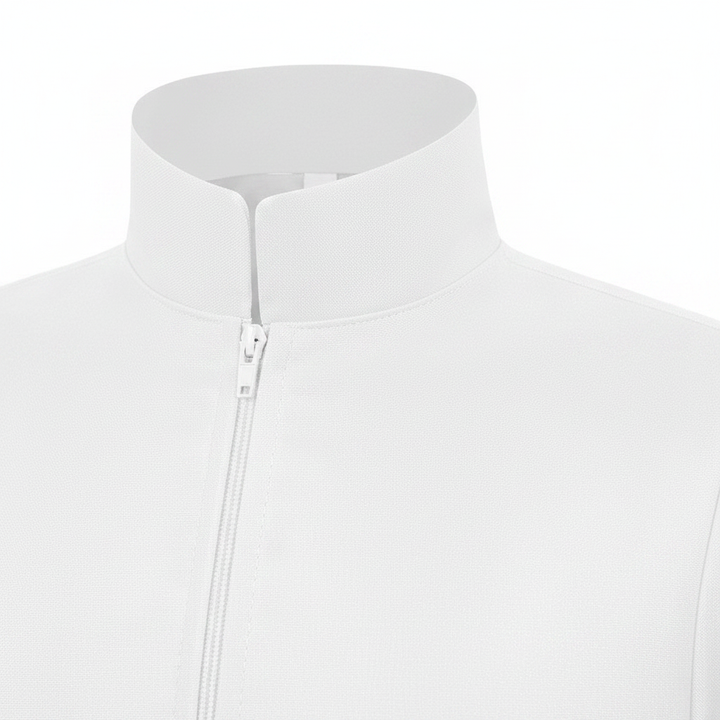 Close-up detail of white choir robe showing stand collar zipper and double gold braid trim on sleeve cuff, white background