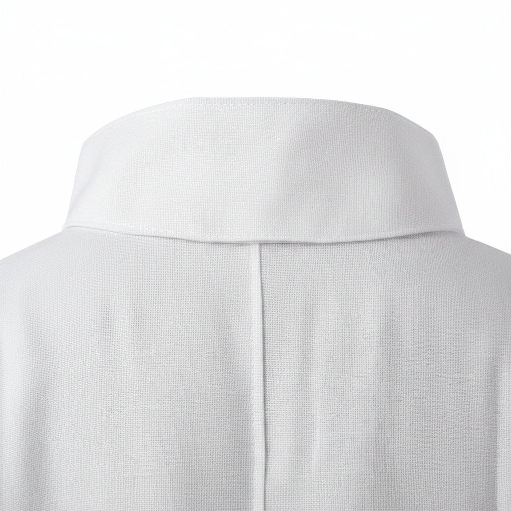 Close-up detail of white alb robe showing high stand collar construction and center back seam, white background