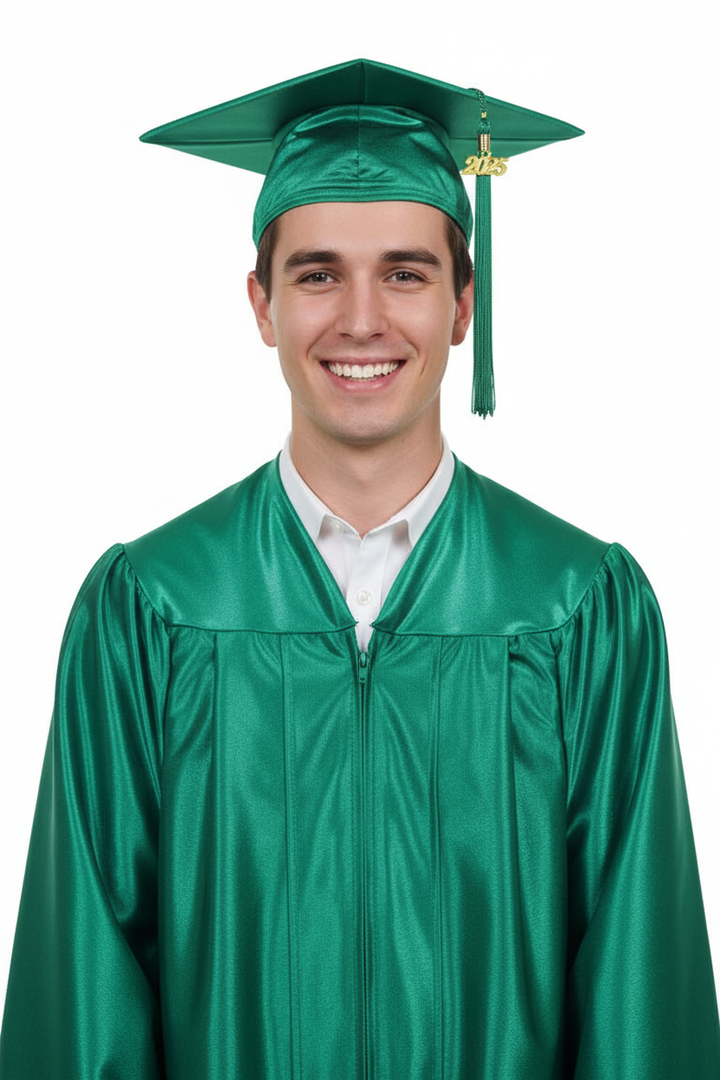 Shiny Emerald Green High School Cap and Tassel - Model Display
