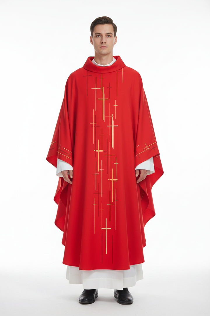 Male model wearing red Catholic chasuble vestment with gold cross print, full body front view, white background