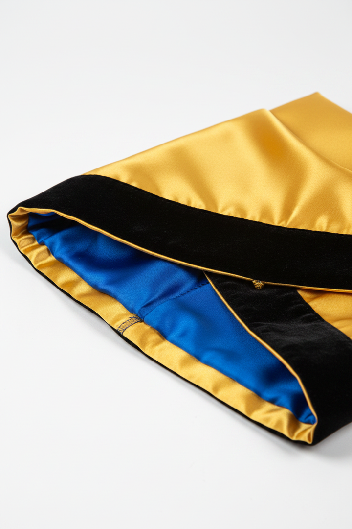 Gold academic doctoral hood showing satin lining and velvet trim, white background