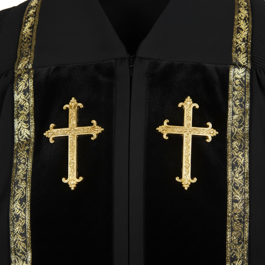 Close-up detail of black clergy robe chest showing two gold cross badges on black velvet stole panel with gold wheat brocade trim, white background