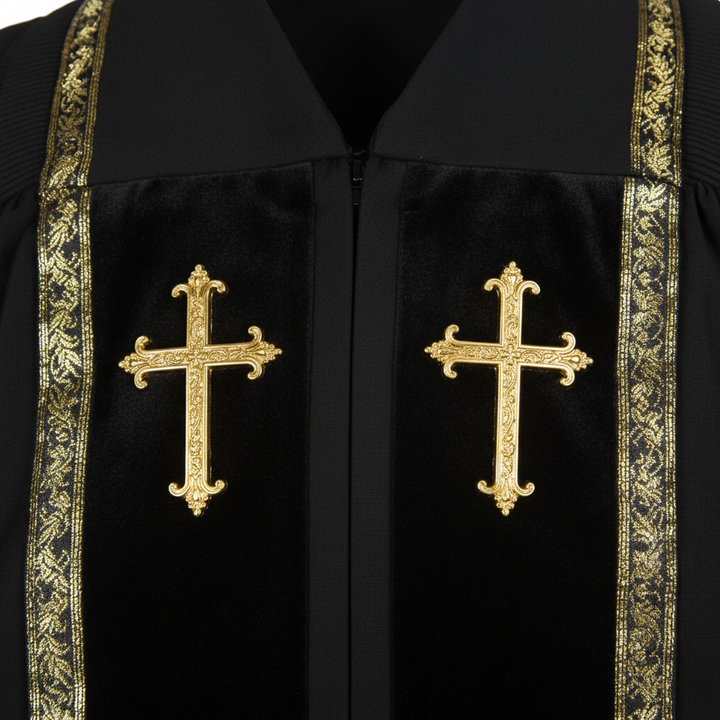 Close-up detail of black clergy robe chest showing two gold cross badges on black velvet stole panel with gold wheat brocade trim, white background